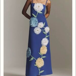 Anthropologie Cobalt Maxi Dress with White, Light Blue & Cream Floral Appliqués